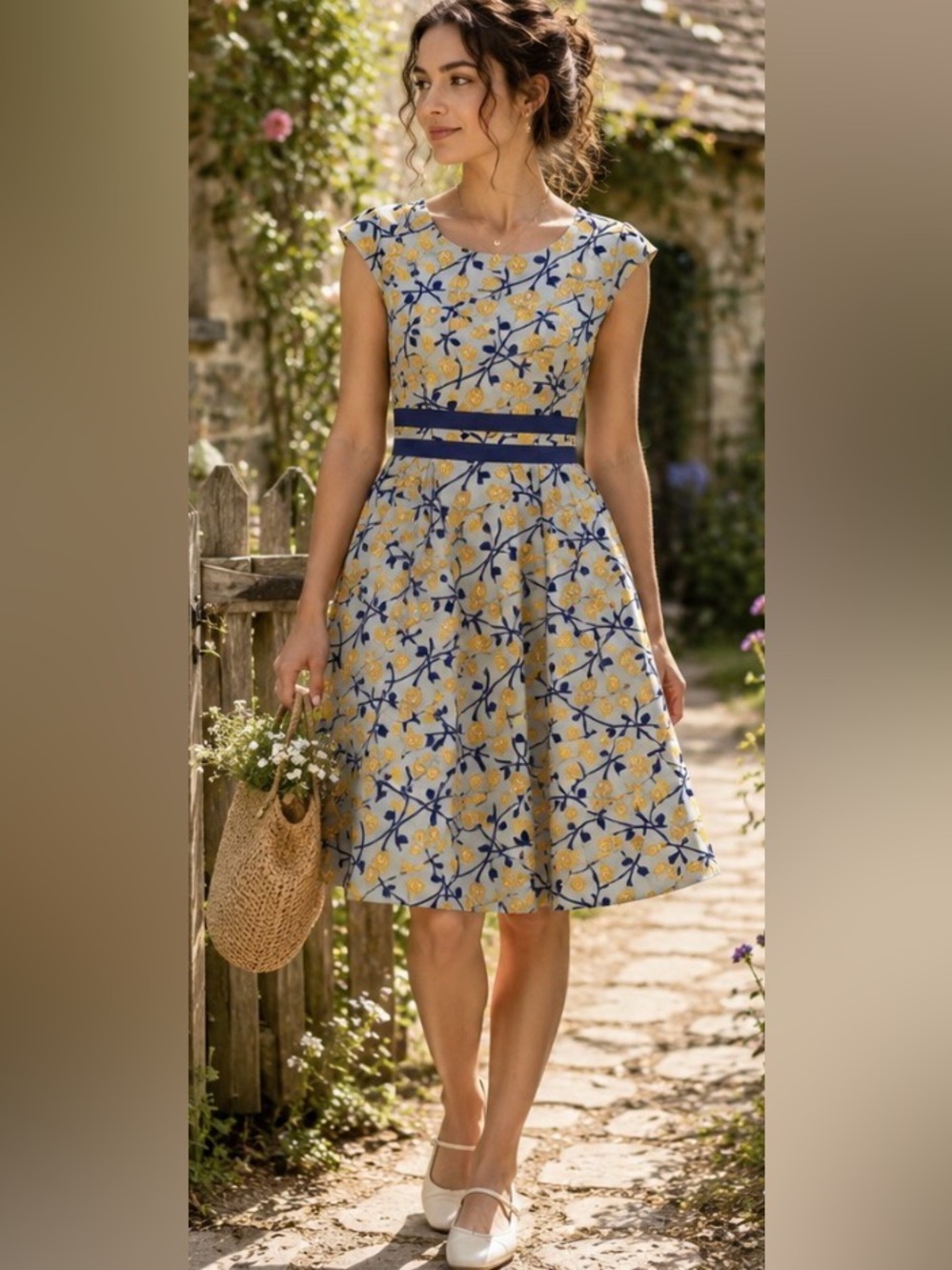 Mata Traders 100% Cotton Floral Fit & Flare Dress Small Blue Yellow Boho Retro